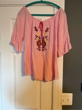 Pink Embroidered Boho Peasant Blouse
